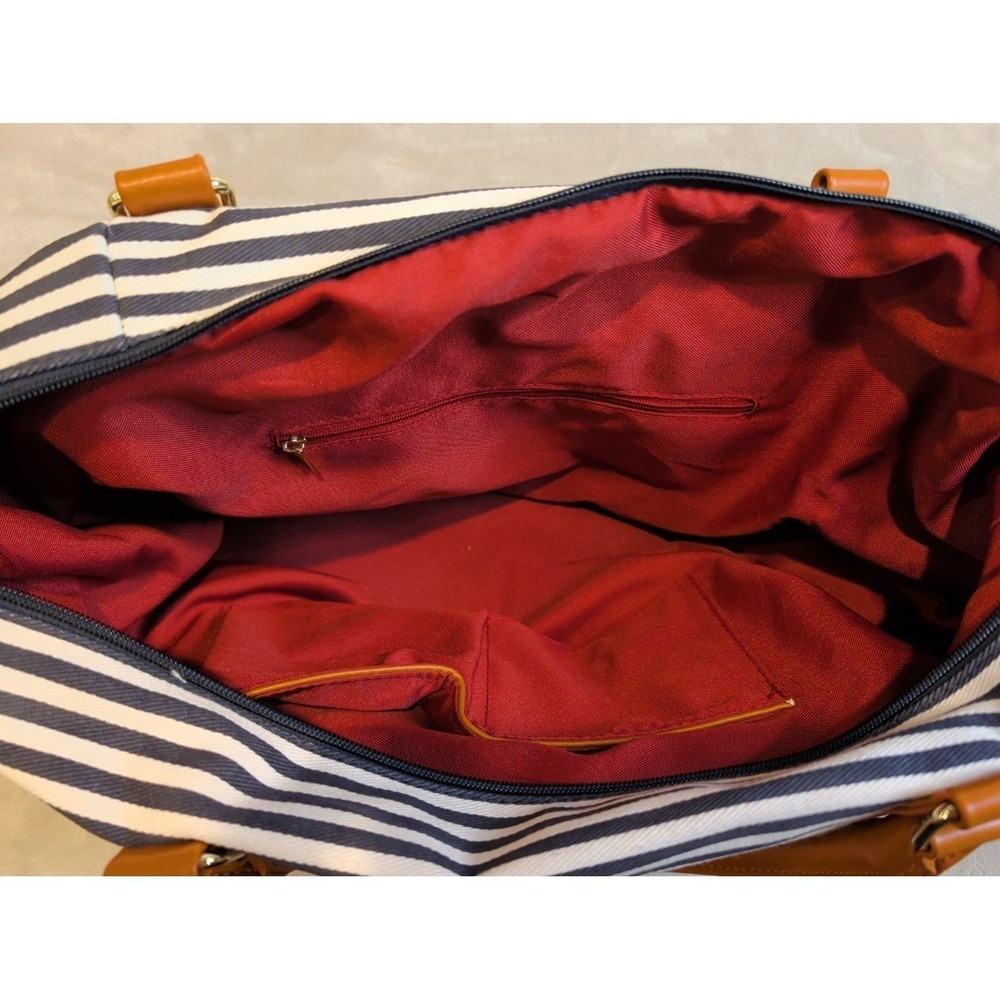 BAOSHA Striped Canvas Weekender Duffel Bag Brown Faux Leather Travel Tote - Picture 3 of 7